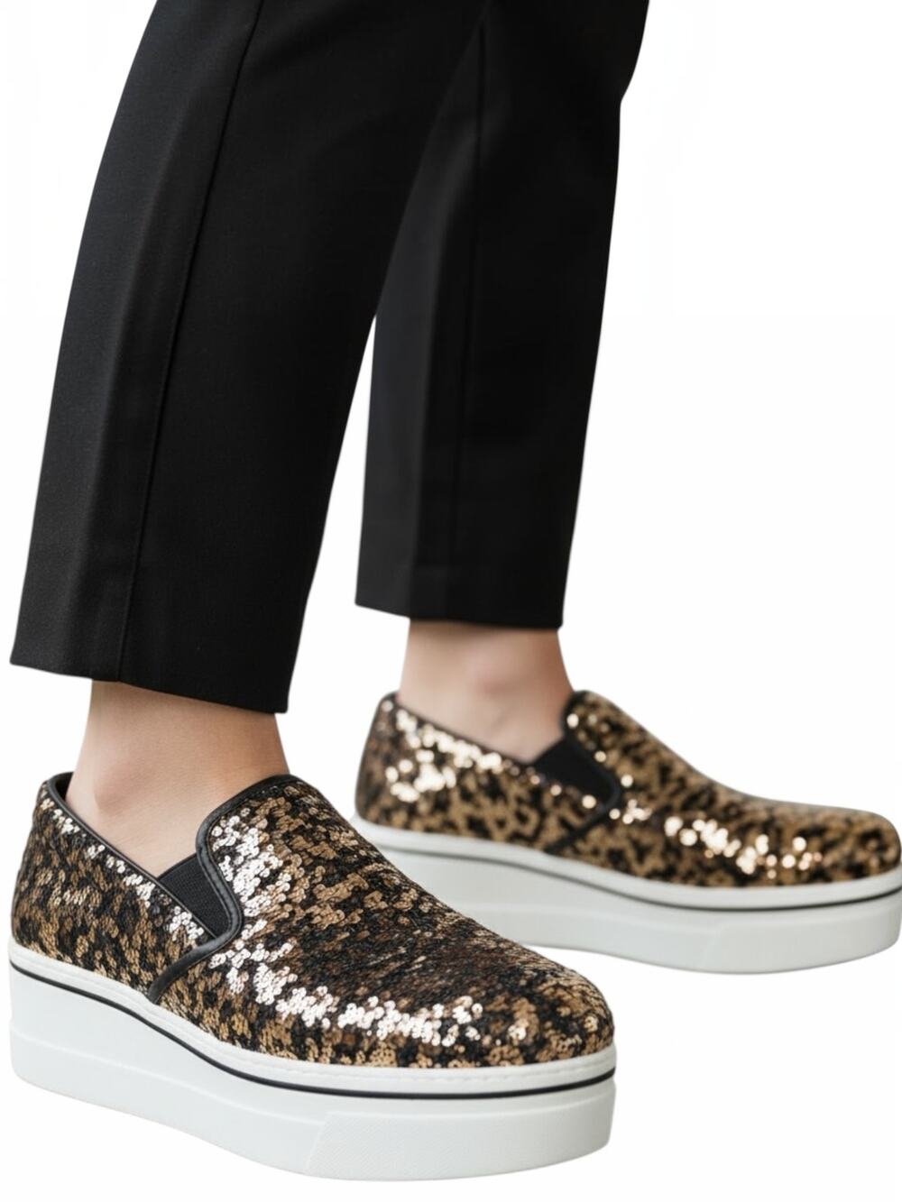 New Stella McCartney Binx Sequins Animal Print Wedge Sneakers Size 41
